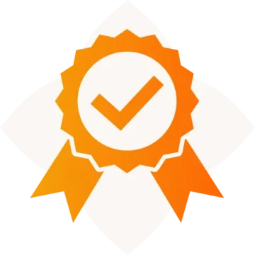 Stylized orange award badge with a checkmark symbolizing achievement and quality certification.