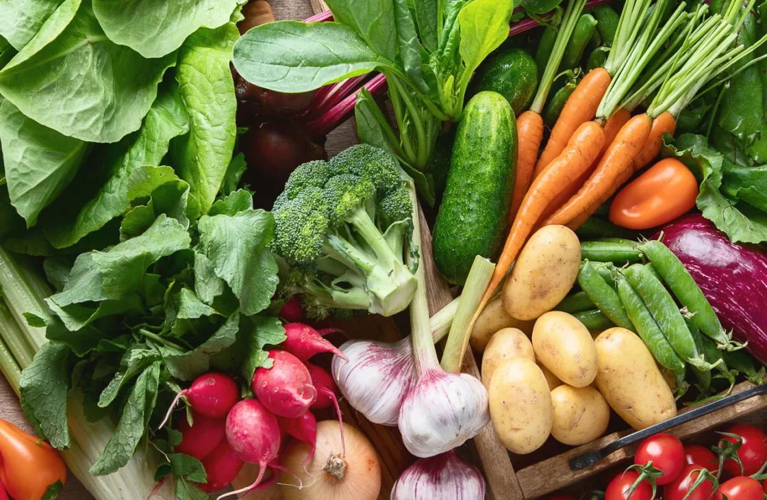 Assorted fresh vegetables including lettuce, broccoli, carrots, potatoes, radishes, and cucumbers displayed for foodservice wholesale supply.