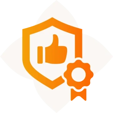Trustworthy quality assurance symbol featuring a shield and badge in warm orange tones.