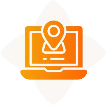 Stylized laptop with location pin icon for digital mapping and navigation services.