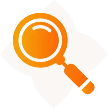 Stylized magnifying glass icon in warm orange hues for exploration and discovery.