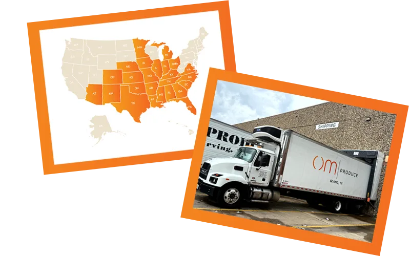 Map of U.S. logistics with refrigerated truck for fresh produce distribution.