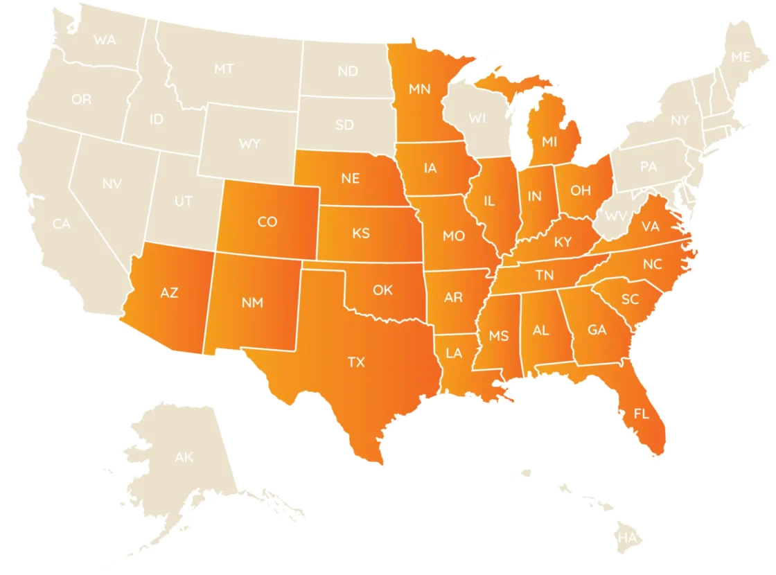 Color-coded map of U.S. states showing regional metrics in shades of orange.