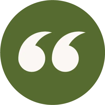 Circular quote icon on an olive green background, symbolizing dialogue and reflection.