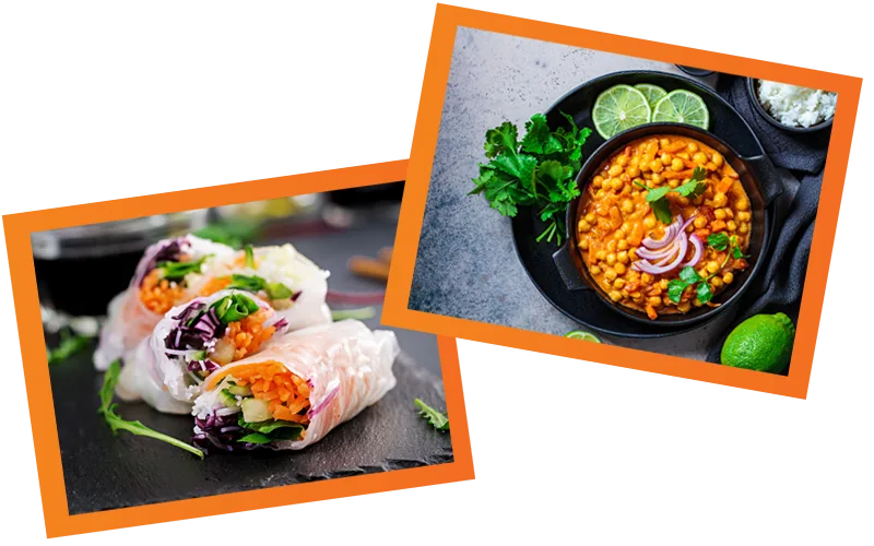 Fresh rice paper rolls with vegetables and a warm chickpea corn dish, perfect for healthy meals.